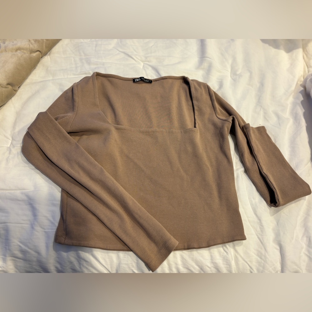 Zara Tan Long Sleeve Women's Square Neck Ribbed Crop Top L - Picture 10 of 12